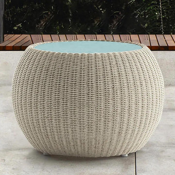24.4" Rattan Glass-Top Khaki Coffee Table Side Table